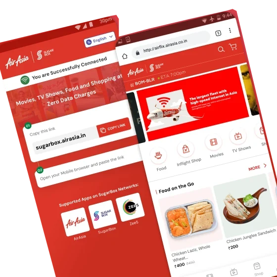 AirAsia in-flight entertainment and shopping portal on two phone screens
